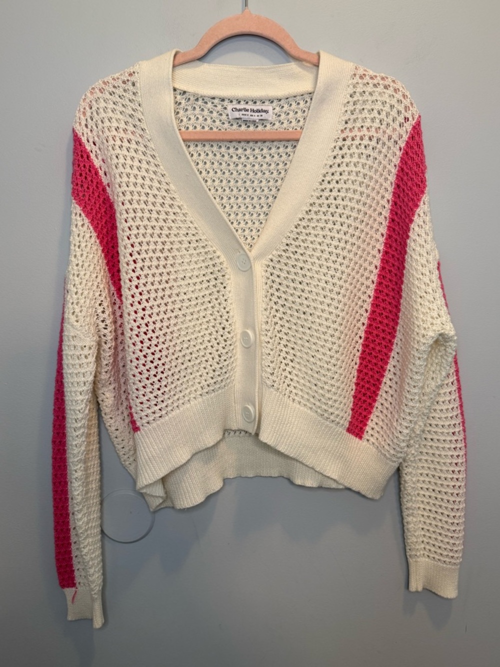 Anthropologie Charlie Holiday Cream Open Knit Cardigan with Bright Pink Stripes - Picture 1 of 6